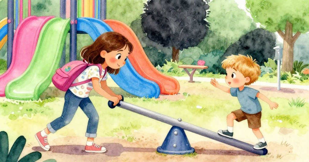 ハリエットがバックパックを動かしシーソーのバランスを整えようと努力し、ガレスと共に微妙な調整を試みる緊迫した瞬間。