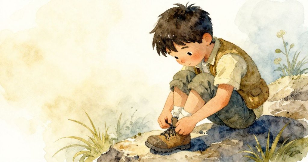 ウェイドが岩の上で靴ひもを結びながら、集中した表情と柔らかな光の中で真剣に動作する瞬間が描かれている。