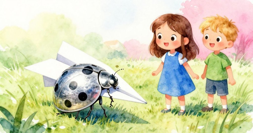 紙飛行機の翼に留まる小さなテントウムシが、広がる芝生とチョークサークルを背景に、グウェンとエリックの達成感と驚きを象徴している。
