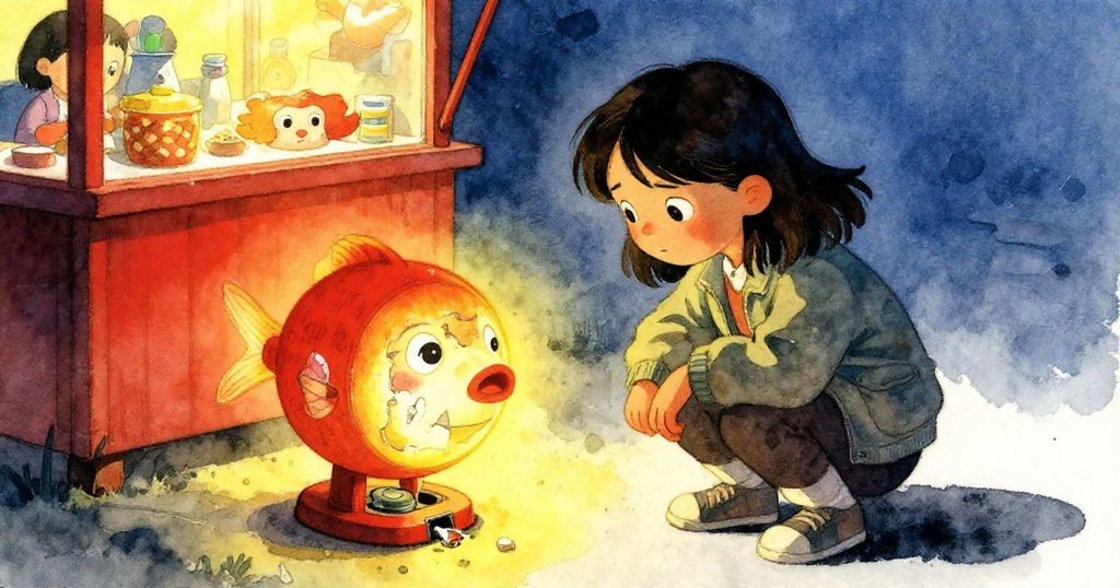 アイリスが低い角度で、古びた発光装置のバッテリーを修理するために集中しているシーン、温かい光と緊張感が漂う。