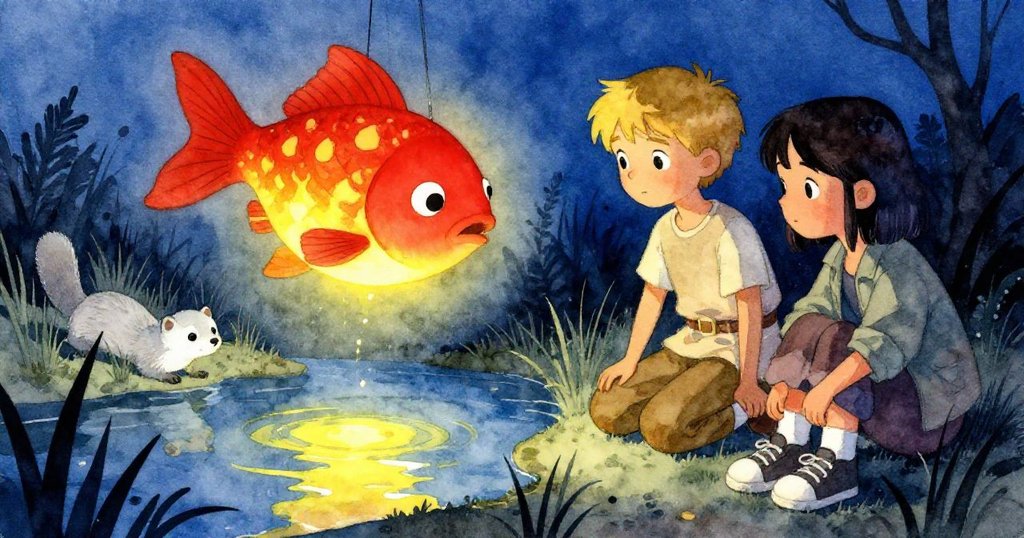 水面に優しく光る修復済みの発光装置と、反対側で佇むイタチ、そして決意を共有するケインとアイリスの静かで詩的な最後のシーン。