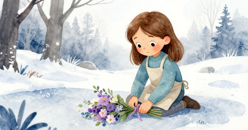 青灰色の床に霜が見える中、サラが濡れた角を花茎に沿わせて花束を再包装する決意のシーン。