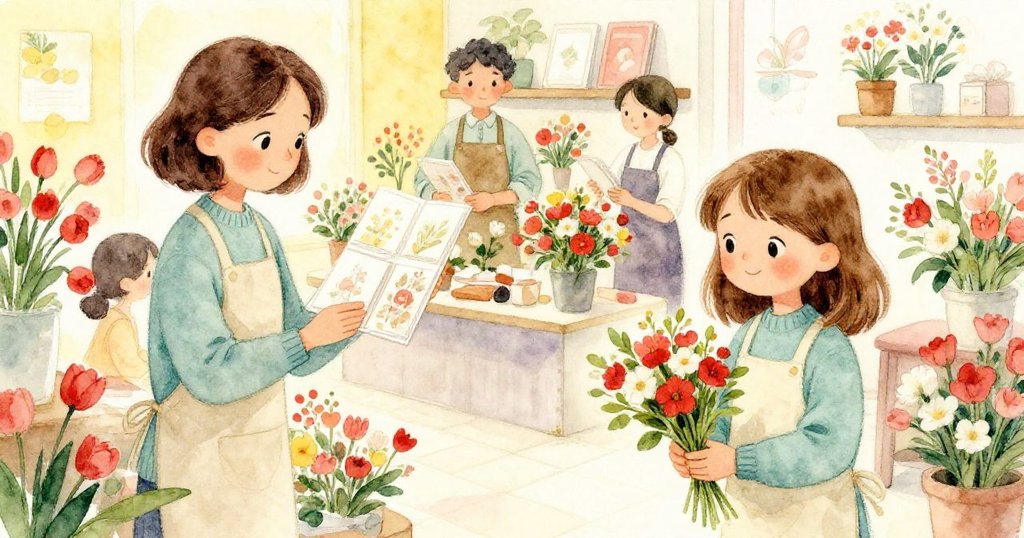 店入口で親がグリーティングカードを見比べ、花屋が客に応じる中、サラが満足げに成果を振り返る温かい交流シーン。