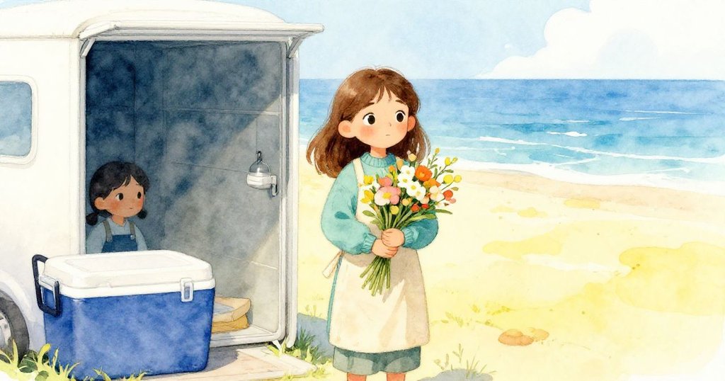 サラが結び目を終え、閉じた冷蔵庫の扉の前で花束を掲げ、新たな未来へ向かう誇り高い決意を示すシーン。