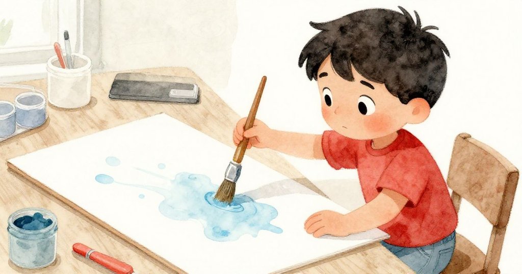 ヘクターが広い筆を淡い青色の顔料に浸し、紙に伝説のように広がる色彩を描き始める瞬間。