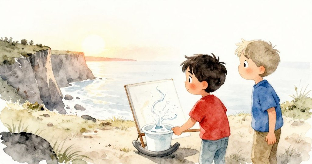 ヘクターとグレンが夕暮れの暖かい光の中で、変化した作品と遠くの崖を誇らしげに眺める、和やかなアウトドアの情景。