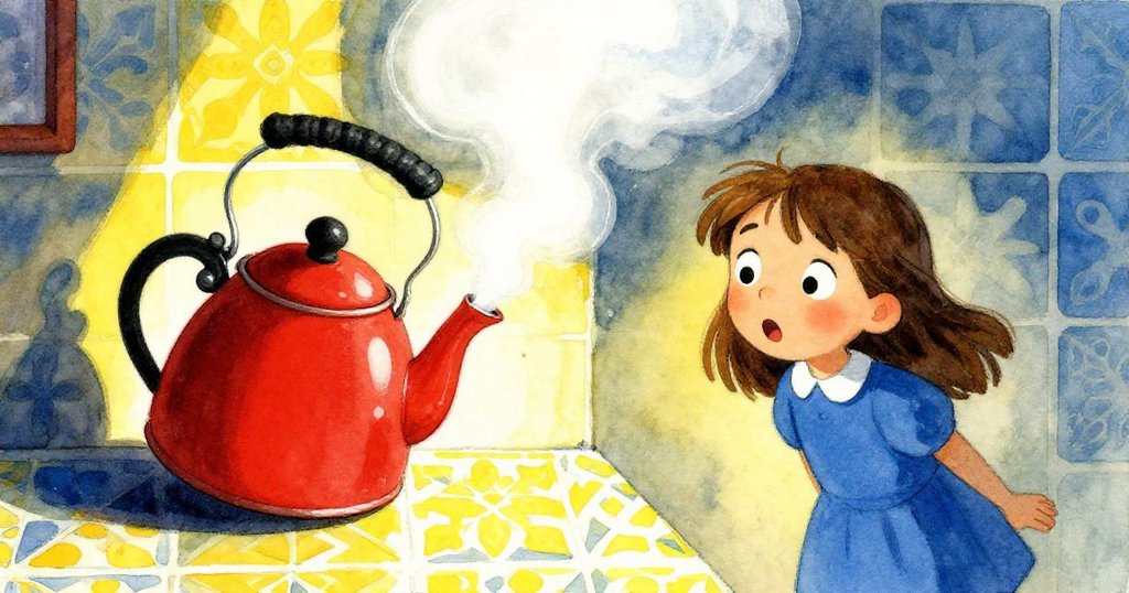 サラが驚いた表情で、湯気がタイルに舞い上がるキッチンのシーンを見つめ、動きと光が際立つ瞬間を捉える。
