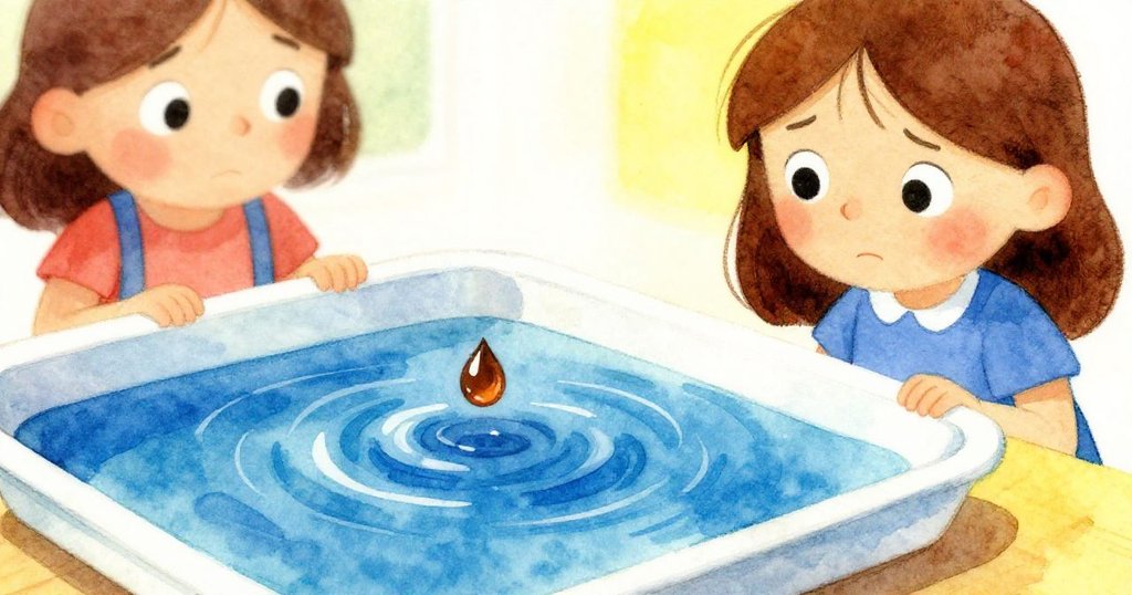 サラが心配そうに、カップから落ちる茶色い水滴が青い液体と混ざる瞬間を見つめる、緊張感あるディテールのシーン。