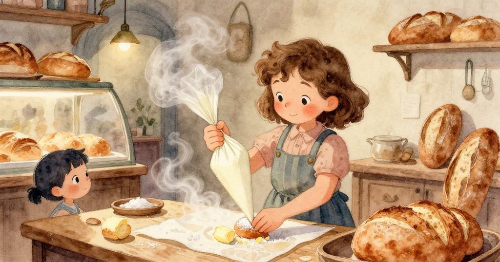 一方では乱れたペストリーと棚の衝突が描かれ、もう一方で年配の二人が静かに肩を寄せ合い、対比と和やかさが交錯するシーンとなっている。