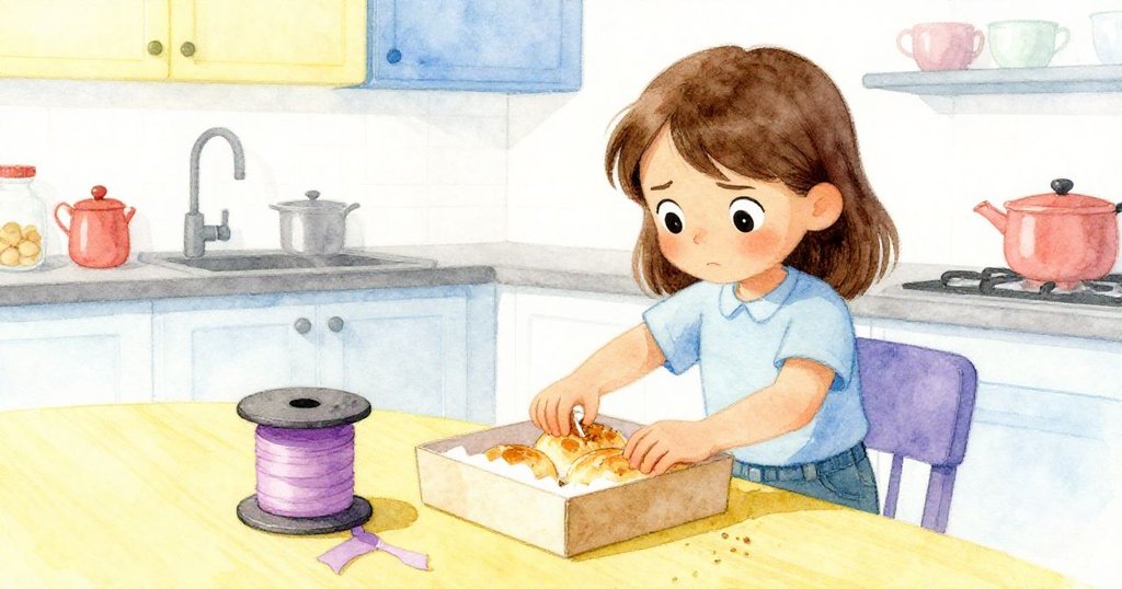テアが頑固な段ボールを丁寧に折る手元を明るい室内で描写し、滑らかな糸巻きとの対比が際立つシーン。