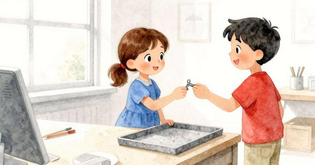 ザラが明るい作業台で金属クリップを受け取り、背景に窓から柔らかい光が差し、ミルズが横で動きながら支える様子が映る。