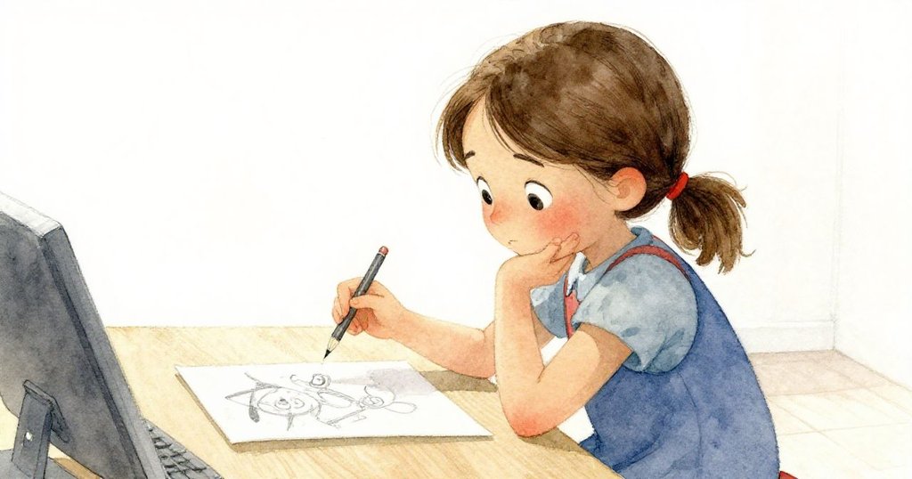 ザラが作業台にしゃがみ込み、少し緩んだクリップを注意深く確認し、横のにじんだ参考カードが過去の知恵を感じさせる情緒的な一瞬を映し出す。