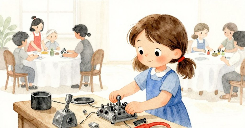ザラの笑顔と共に部品を整え、窓越しに見える和やかにテーブルを並べる働く人々が、共同体の温かさと明るい雰囲気を醸し出す場面。