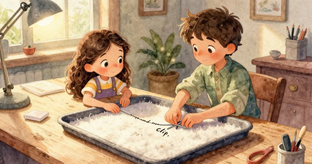 解放された小さな金属クリップが作業台の縁沿いにゆったりと転がり、散らばる部品と広がる台全体が静かな解決感を示す情景。