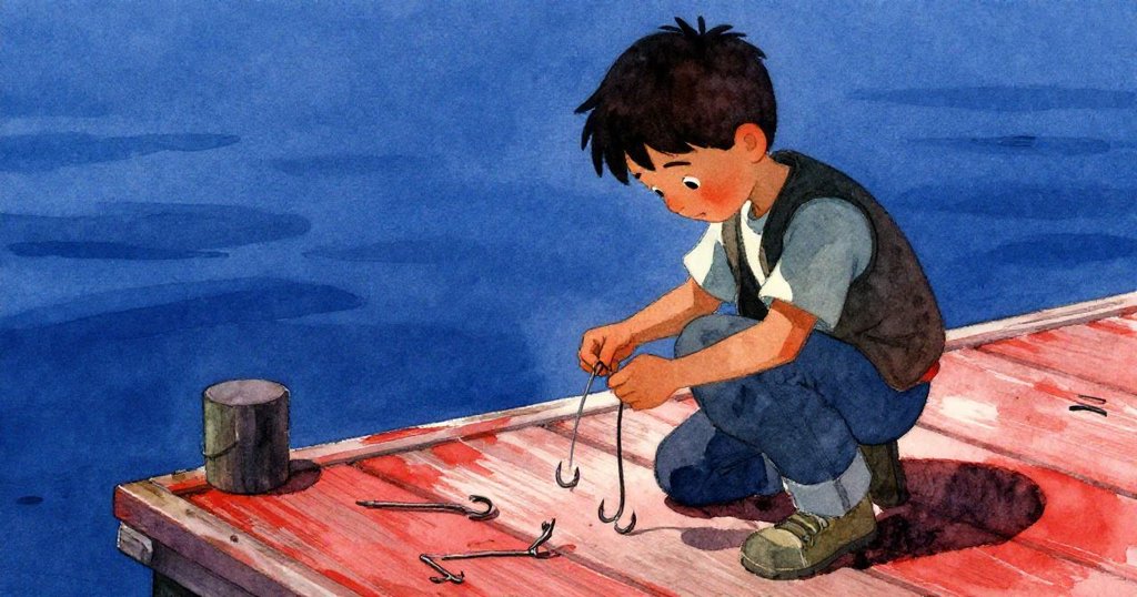 低い視点からグリフォンが釣り用の予備の針を整理する姿が、明るい桟橋と水面を背景に堂々と映し出される。