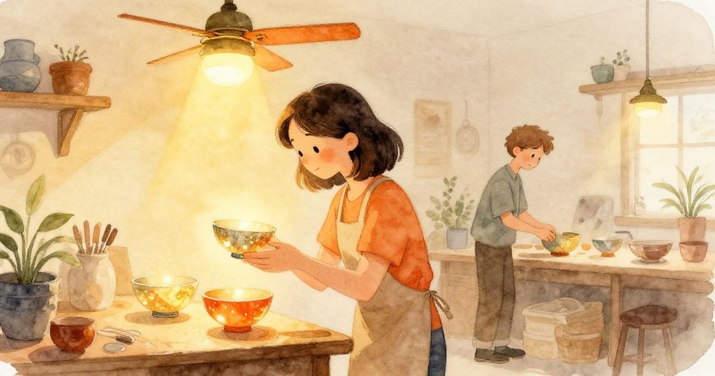 創作活動の後、落ち着いた工房でヴェスペルが微笑みながら輝く三つのボウルを見守り、パウルが静かにラベルを付ける穏やかな瞬間です。