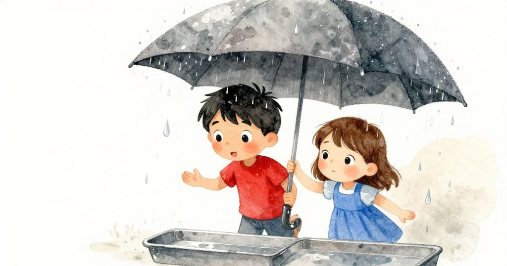 雨が降り始め、フロイドとデリアが急いで屋根の下に避難し、金属トレイや鉄のレールに雨粒が輝く変化する瞬間が描かれる。