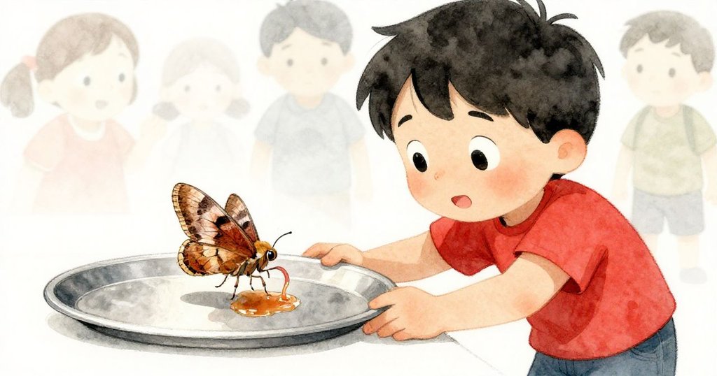 斜めの光の中、フロイドがトレイを動かし、ココア色の鱗をもつ蛾がシロップを味わう瞬間と、背景に来訪者がぼんやりと映るシーン。