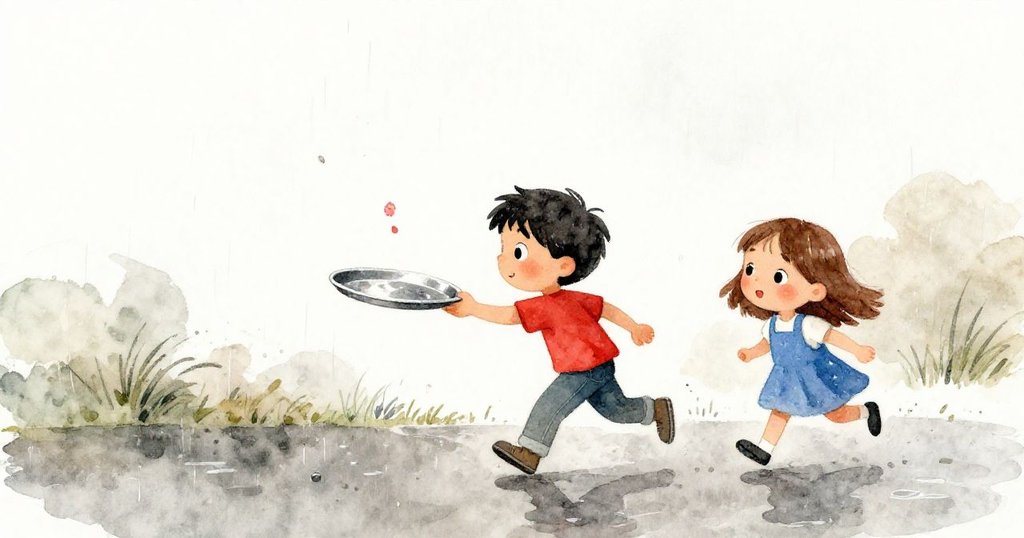 雨上がり、遠くを行くフロイドとデリア、発酵ジュースで輝くトレイと舞い落ちる一輪の花が詩的に描かれる風景。