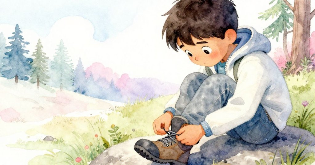 이안이 맑은 날씨 아래 바위 위에서 부츠 끈을 묶으며 집중하는 모습을 클로즈업으로 그린 그림