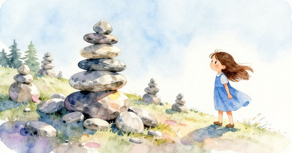 비비안이 언덕 돌무더기를 바라보며 돌들이 바람에 밀려 흘러내리는 역동적인 낮은 앵글 장면이 인상적으로 그려짐