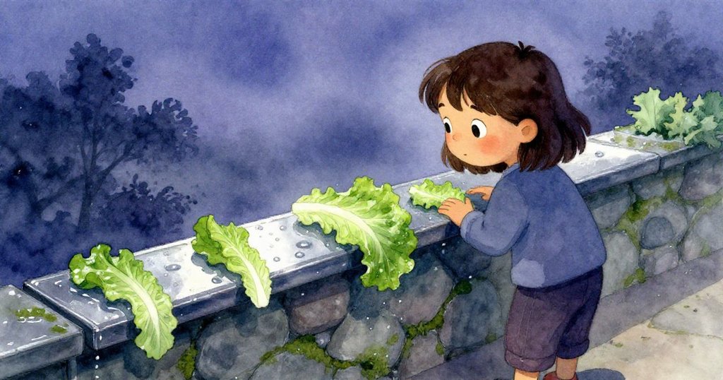 테아가 이슬 맺힌 테라스 난간에 놓인 상추 조각들과 금속 스플래시 가드를 신비로운 새벽 빛 아래 주의 깊게 바라보며 자연의 섬세함을 느끼는 모습.