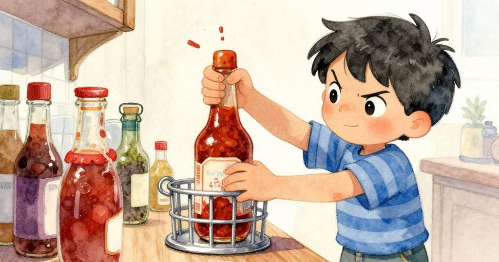 Joel가 은색 캐디 속 소스 병 뚜껑을 잡고 힘들어하며 집요하게 시도하는 모습, 클로즈업으로 도전적인 표정과 질감 표현.