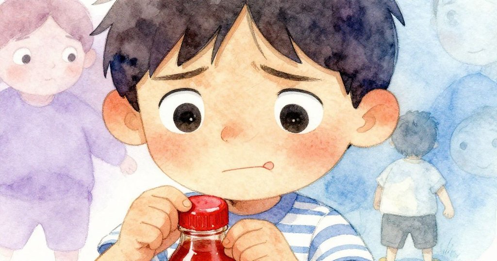 집중과 결연함이 엿보이는 Joel의 클로즈업, 소스 병 뚜껑을 계속 돌리며 내면의 갈등을 드러내는 감동적인 모습.