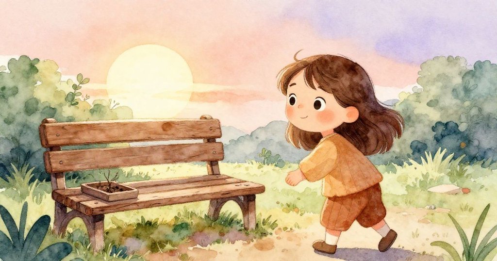 루시아가 아침 햇살 아래 거친 길을 걸으며 오래된 벤치로 다가가는 모습, 따뜻하고 부드러운 분위기를 보여줍니다.