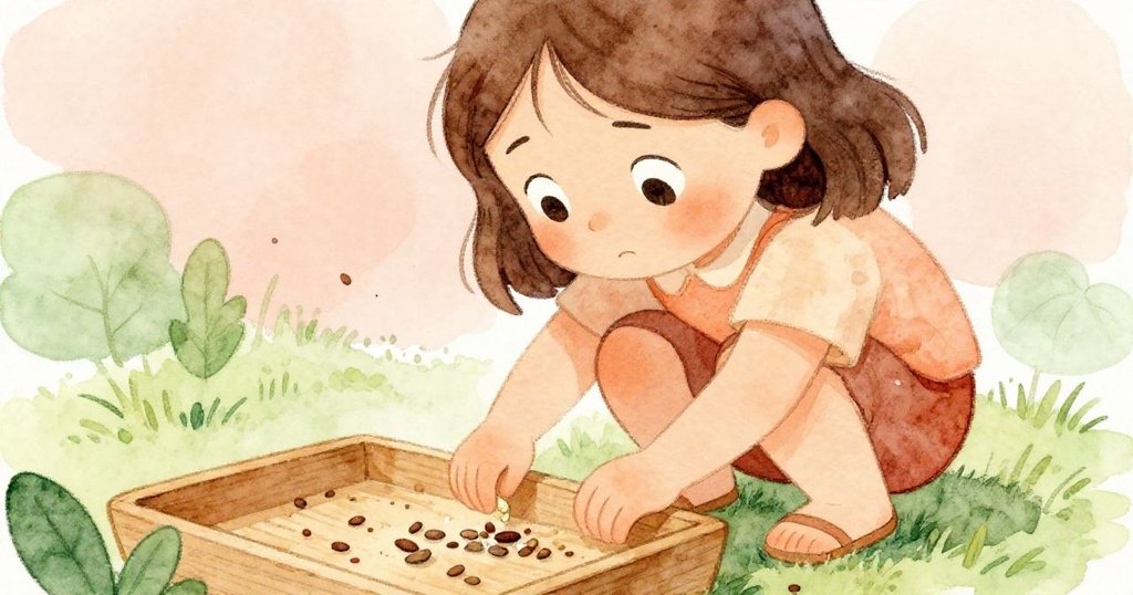 루시아가 집중된 표정으로 젖은 손가락으로 쟁반의 씨앗을 조심스럽게 모으는 클로즈업 장면입니다.
