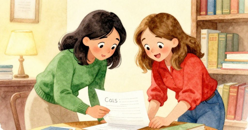 야벳과 아이리스가 도서관에서 서로의 눈을 마주보며 신나게 call number를 확인하고 역사 선반을 향해 나아가는 역동적이고 따뜻한 장면이다.