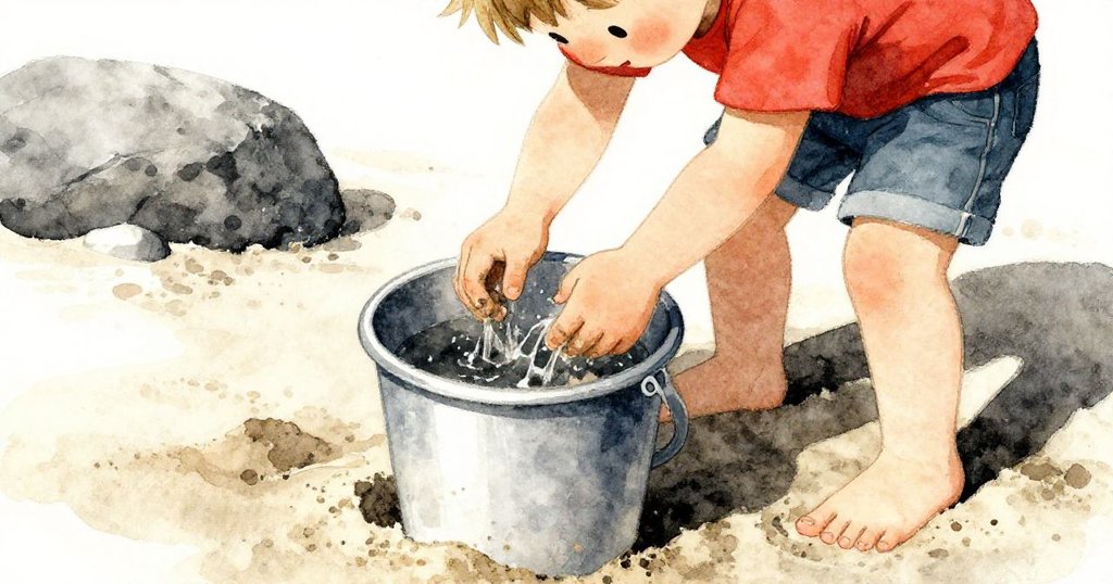 라페의 손이 부드러운 햇빛 아래 차가운 모래를 양동이에 채우며 섬세하게 기반을 다지는 모습, 세밀한 모래 결과 집중된 손동작이 보임