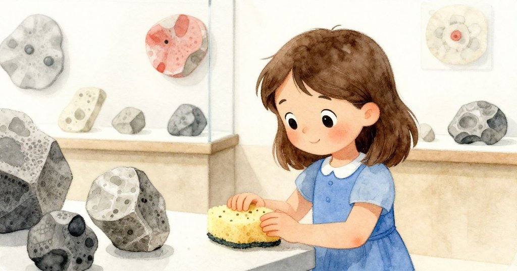 홀리가 카운터에서 거친 스펀지를 집중하며 고대 화석이 있는 배경과 따뜻한 빛을 느끼는 장면