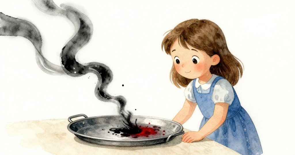 홀리가 금속 쟁반 위로 흐르는 잉크 리본을 신비롭게 바라보며 조심스러운 눈빛을 보이는 장면