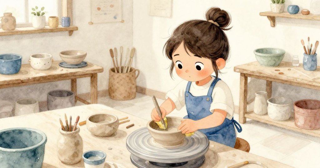 높은 창문에서 내려다본 코라가 작업 중 스펀지로 물을 바르며 집중하는 모습이 부드러운 빛 속에 따뜻하게 그려진 장면이다.