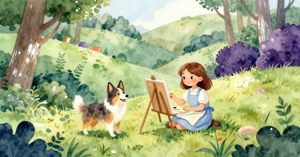 Gwen이 초록빛 언덕에서 그림 도구를 준비하며, 콜리와 작은 동물들이 함께하는 평화로운 아침을 즐기는 모습입니다.