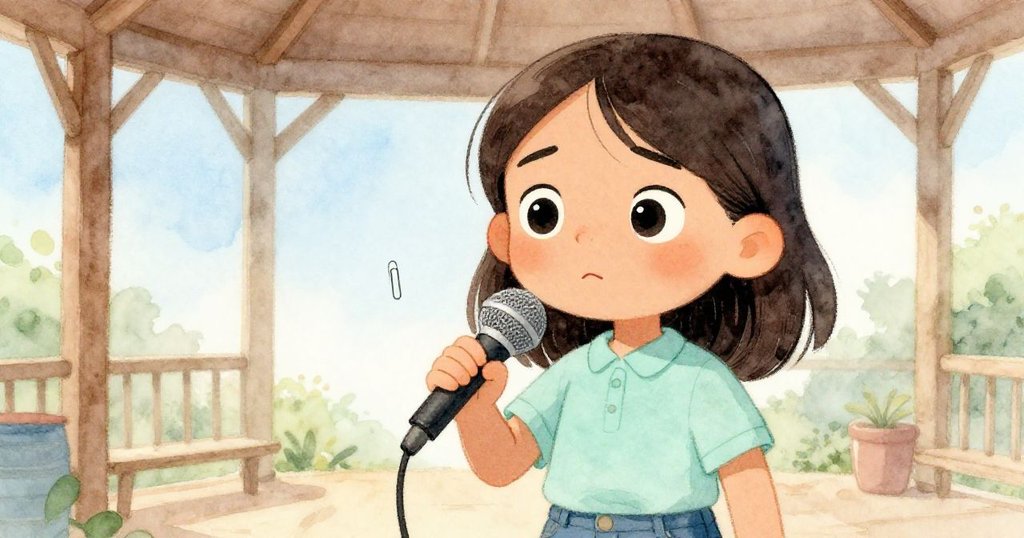 우마가 집중하는 표정으로 손으로 마이크를 가리키며 주변 소음을 막으려는 섬세한 모습을 클로즈업으로 표현한 장면