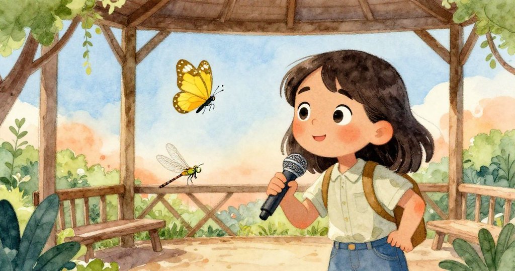 우마가 조심스러운 표정으로 노란 나비와 잠깐 스치는 잠자리 날개를 바라보며 미묘한 긴장감과 호기심이 섞인 순간