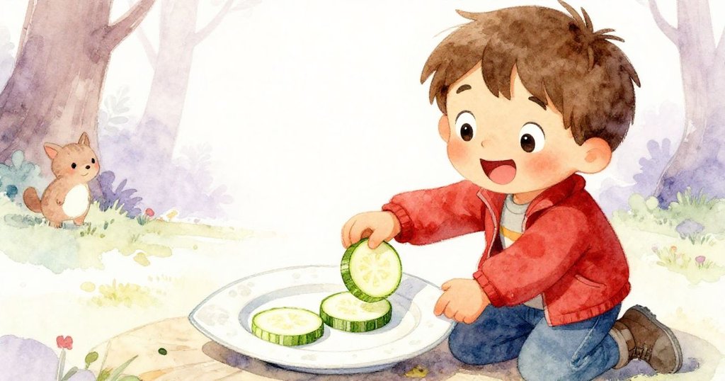리드는 삼각형 표지를 손에 들고, 즙이 맺힌 호박 조각으로 문지르며 기쁨 가득한 얼굴을 보이는 따뜻한 순간을 경험합니다.