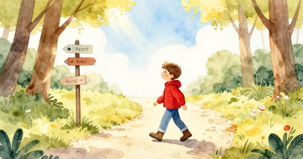 리드는 바로잡힌 표지판을 등지고, 밝은 햇살 아래 새롭게 열린 길을 향해 자신감 있게 나아가며 미래를 바라보는 모습을 보여줍니다.