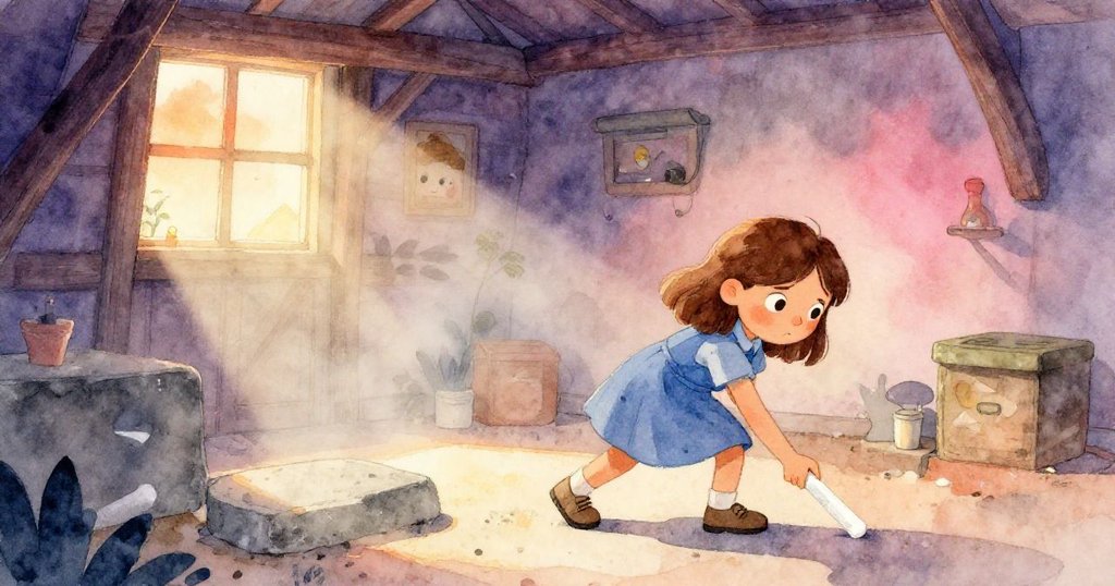 달라는 흐릿한 아침 안개와 부드러운 빛 속에서 초크 선을 정성껏 그리며 집중하는 모습이 담긴 낡은 헛간 내부의 장면입니다.