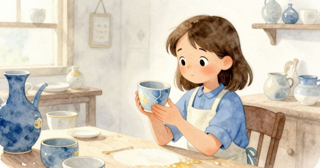 Lily는 서서히 진정된 작업실에서 조용히 도자기 컵의 균열을 다시 살펴보며, 부드러운 바람이 스치는 평화로운 모습