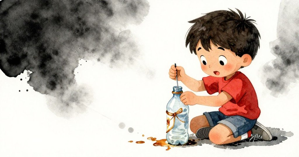 실라스가 붉은 셔츠를 입고 주의 깊게 바늘로 리본이 달린 플라스틱 병을 구멍내며 잔잔한 물감 방울을 만드는 집중하는 모습.