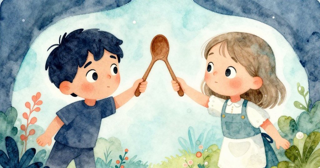 아치와 비올라가 동시에 나무 숟가락을 집으려는 긴장된 순간을 왜곡된 시각 효과로 표현하며 협력의 기미를 보이는 모습
