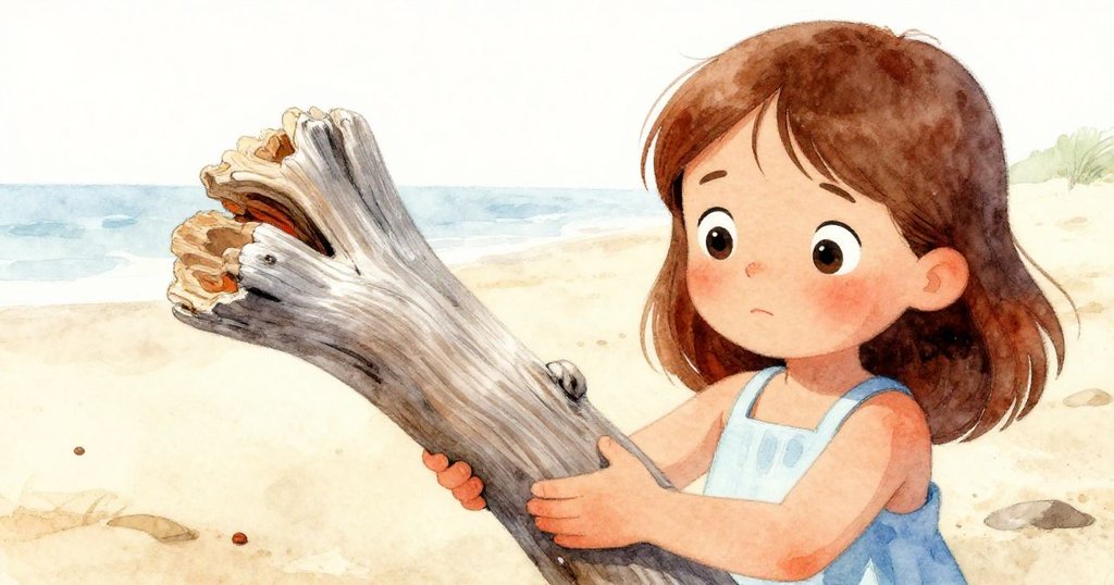 네베가 부드러운 햇빛 아래 드리프트우드의 갈라진 틈을 손으로 만지며 비밀스러운 감정을 느끼는 모습을 클로즈업으로 표현한 장면