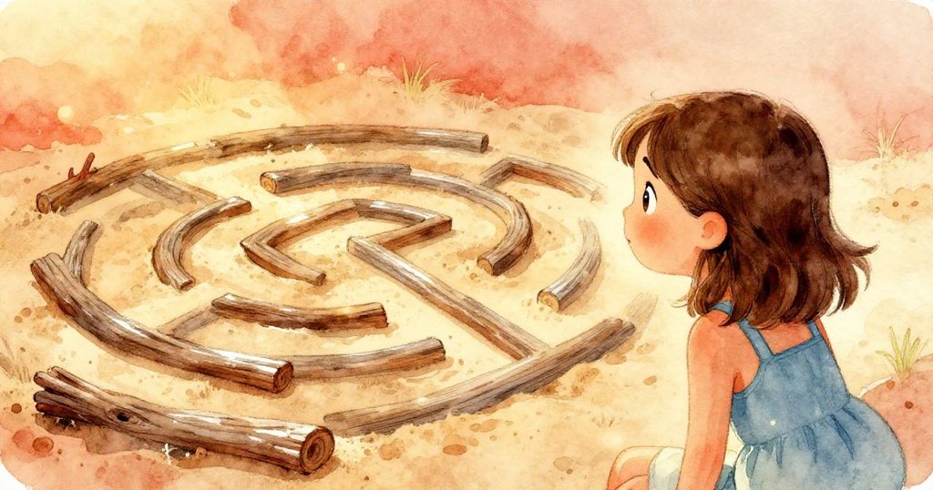 네베가 옛 추억을 떠올리며 아련한 색감으로 물든 해변 모래 미로를 바라보는 모습, 미묘한 마음의 흔적이 드러나는 장면