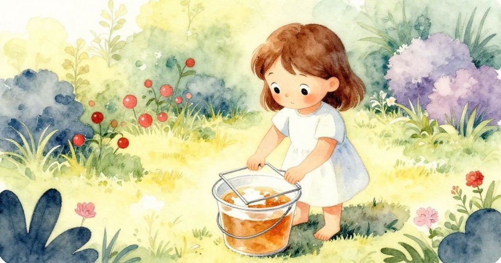 높은 시점에서 사라가 황금빛 비누 용액이 담긴 양동이에 프레임을 천천히 담그며, 정원의 따뜻함이 느껴지는 모습입니다.