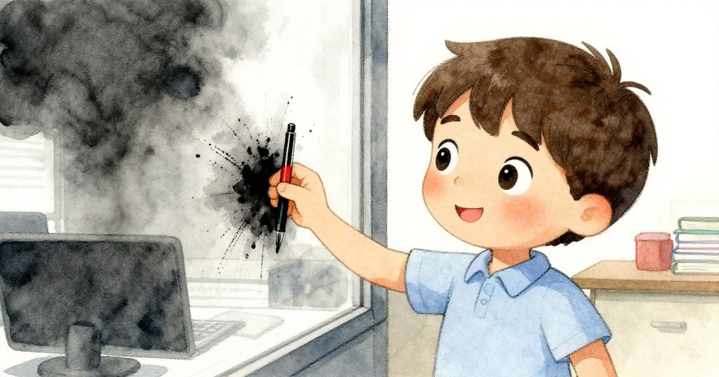 키트가 사무실 창문에 비친 자신의 손가락 잉크 자국을 보며 호기심 어린 눈빛을 보내는 모습, 잔잔하지만 의미심장한 분위기