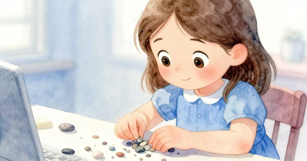 테아의 집중된 눈과 손 클로즈업, 그녀가 흩어진 작은 돌들을 조심스럽게 집으며 도전의식을 드러내는 따스하고 세밀한 순간입니다.
