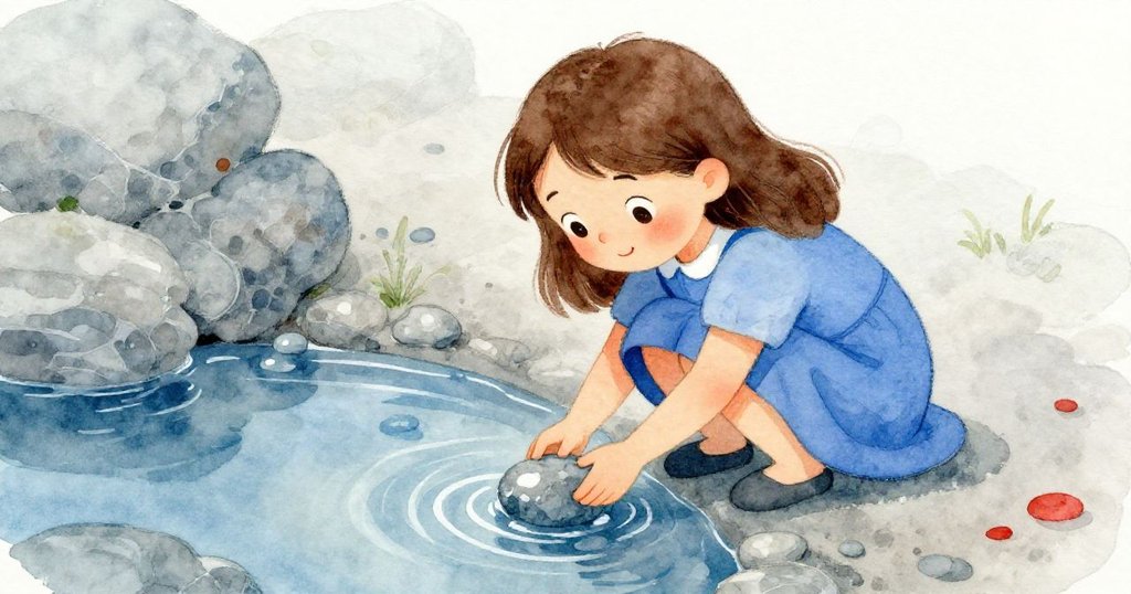 테아가 낮은 각도에서 물웅덩이 옆에 쪼그려 앉아 파란 회색 돌을 집는 모습, 물방울이 팔에 흐르며 집중하는 표정을 나타냅니다.